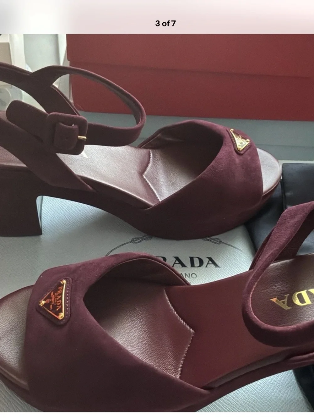Prada Platform Suede Sandals in Deep Burgundy